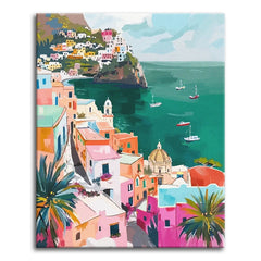 A paint by numbers canvas in bold illustrated style of a pastel coastal village with candy-colored houses, palm trees, a domed church, and a green bay with boats.