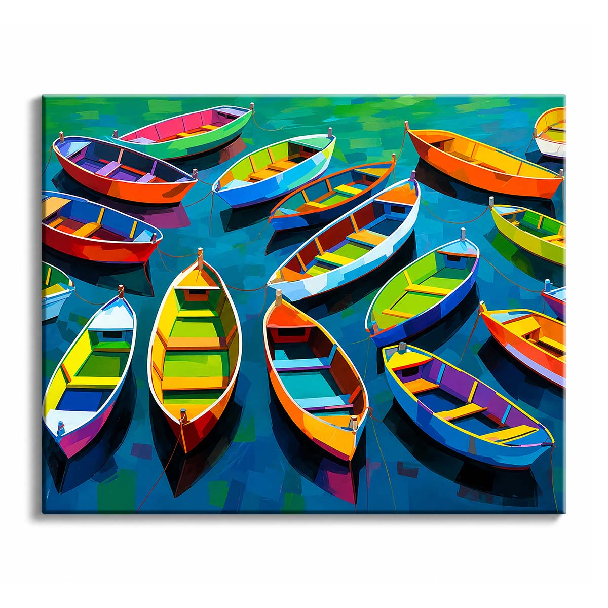 Bright red, green, yellow, turquoise, blue, and orange rowboats float at different angles across deep blue water.