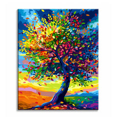 A large tree with a canopy of crimson, lime, cobalt and gold leaves against a blue sky, shown as a paint by numbers canvas.