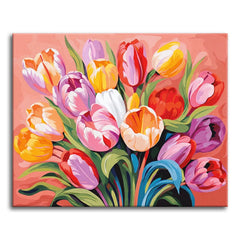 A full bouquet of tulips in pink, purple, orange, red, and yellow against a soft coral background, shown as a paint by numbers canvas.