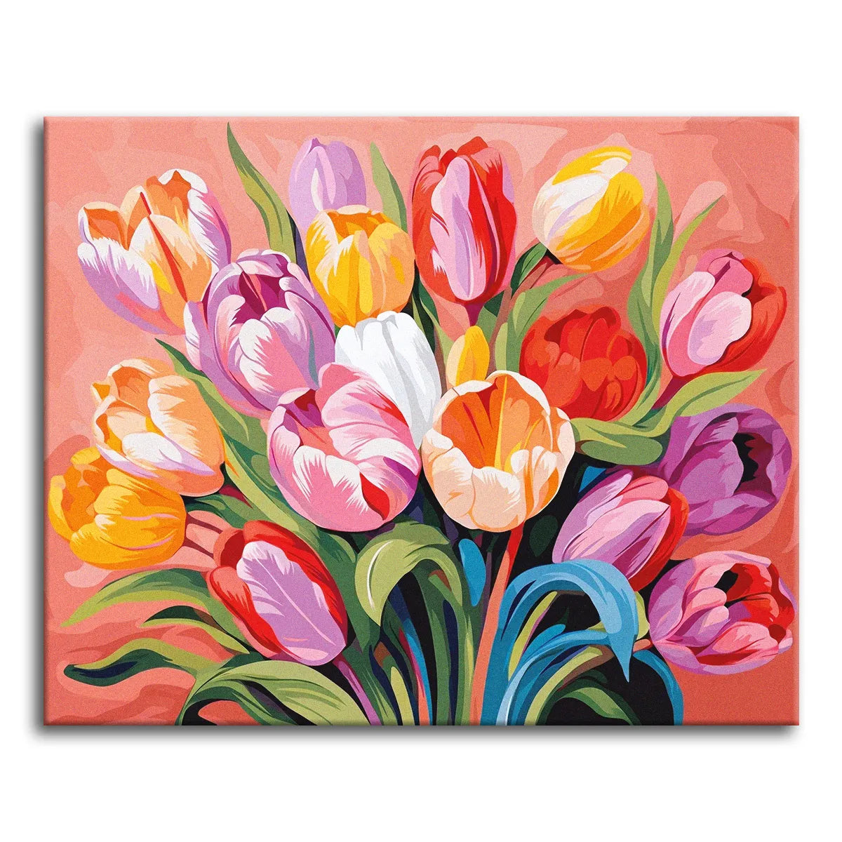 A full bouquet of tulips in pink, purple, orange, red, and yellow against a soft coral background, shown as a paint by numbers canvas.