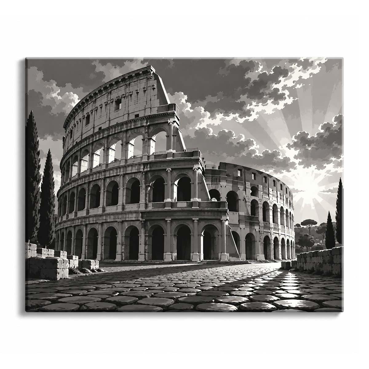 The Colosseum rises in tiers of arches beneath fanning sunbeams, a black and white paint by numbers design with a cobbled road and cypresses.