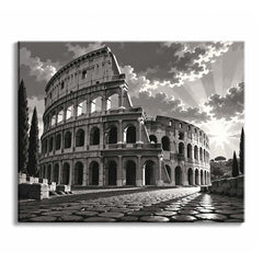 The Colosseum rises in tiers of arches beneath fanning sunbeams, a black and white paint by numbers design with a cobbled road and cypresses.