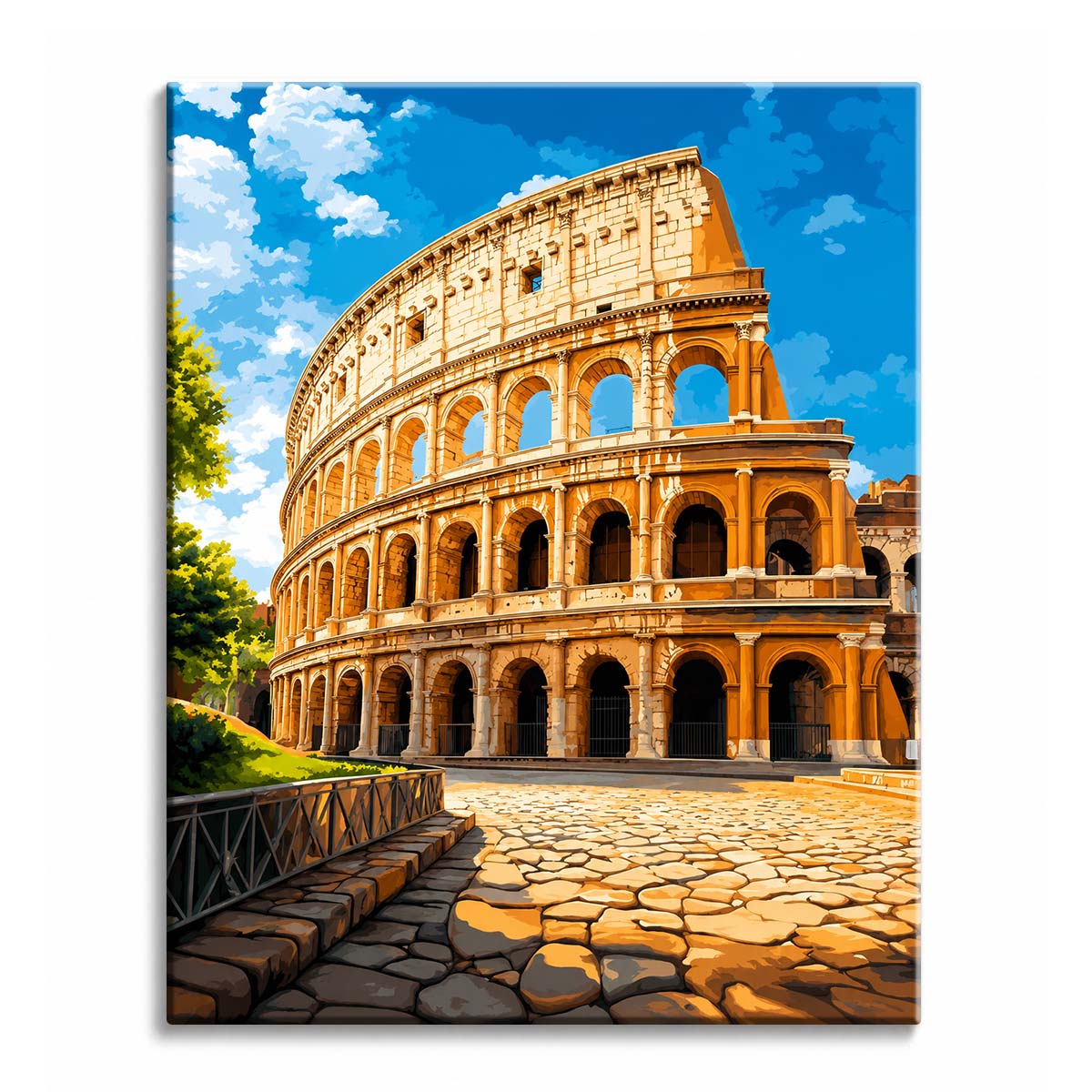 The Colosseum in Rome lit by low golden sunlight, seen from the cobblestones below, shown as a paint by numbers canvas.