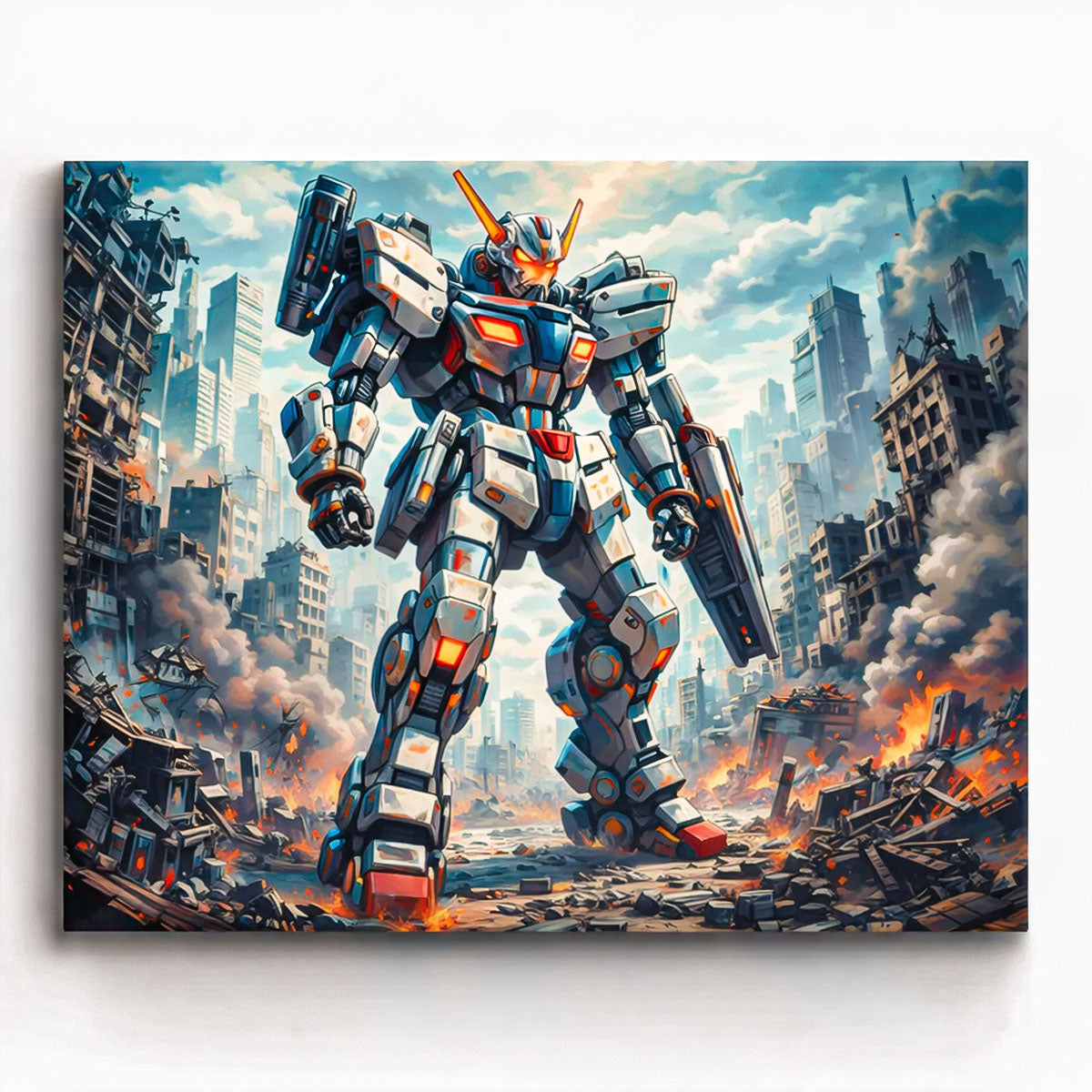 anime combat mecha robot walking through destroyed futuristic city battlefield paint by numbers design