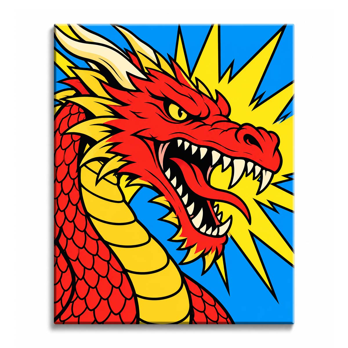 Yellow burst rays flare across a blue field behind a red pop art dragon paint by numbers design with open jaws and thick black outlines.