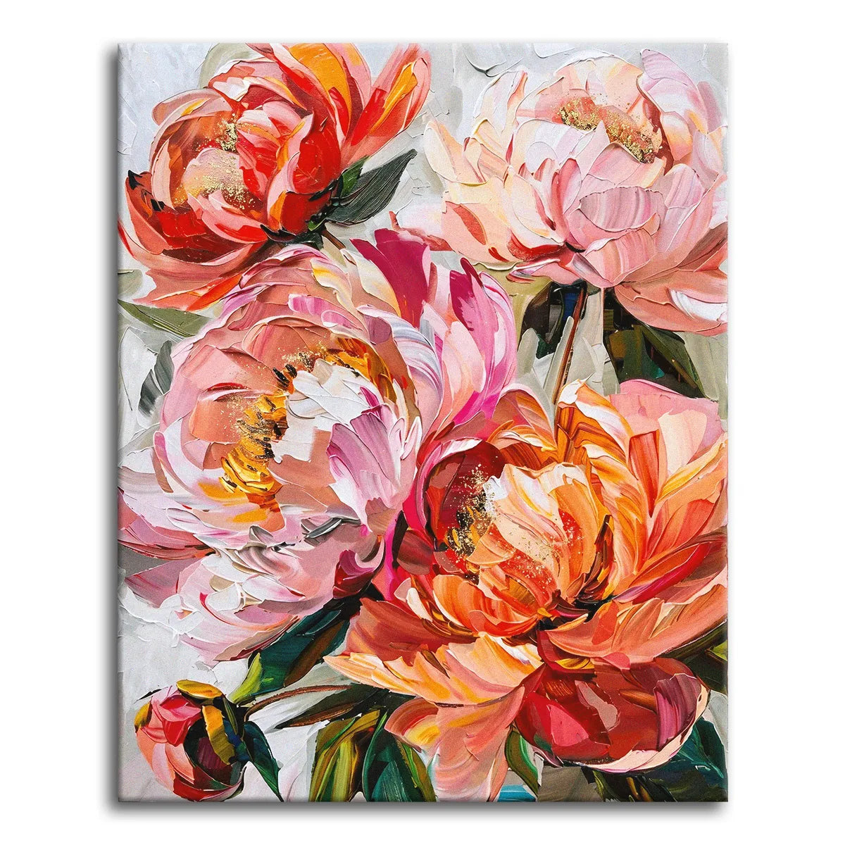 Oversized coral, pink, and orange peonies in a bold palette-knife style with gold accents against a muted grey background, shown as a paint by numbers canvas.
