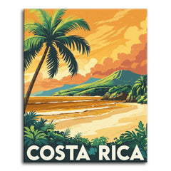 A bold travel-poster style paint by numbers scene of a leaning palm tree over a golden Costa Rica beach at sunset, with green headlands, tropical foliage, and an orange sky.