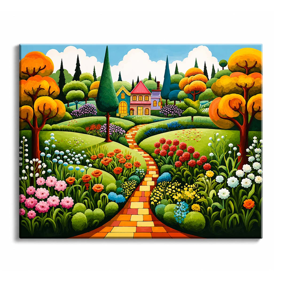 A winding brick path runs through a colorful cottage garden filled with pink, white, red, blue, and yellow flowers beneath rounded trees.