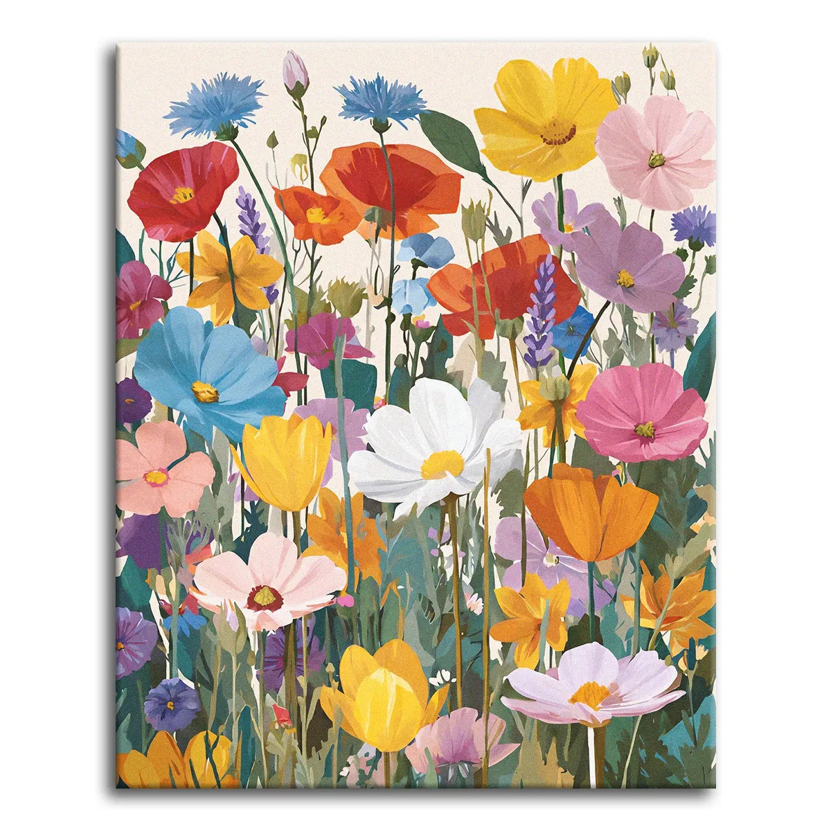 A bright mix of poppies, cosmos, cornflowers, and tulips in a cottage-garden style against a soft cream background, shown as a paint by numbers canvas.