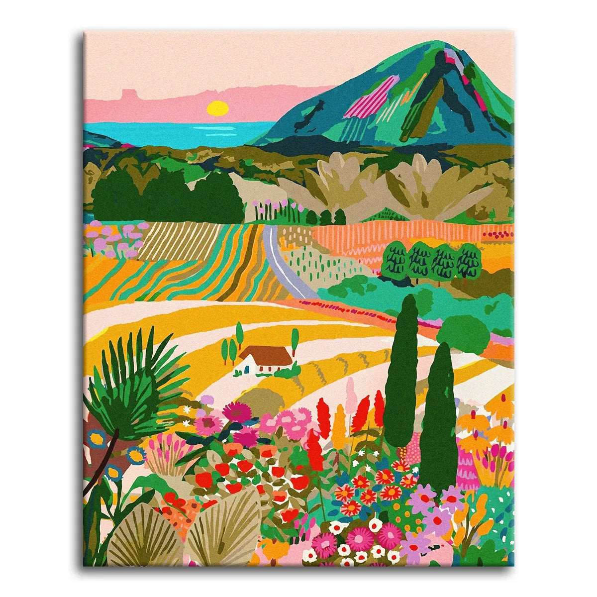 A paint by numbers canvas in maximalist modern-folk style of a patchwork countryside with dense wildflowers, striped fields, cypress trees, a green mountain, and a pink sunset sea.