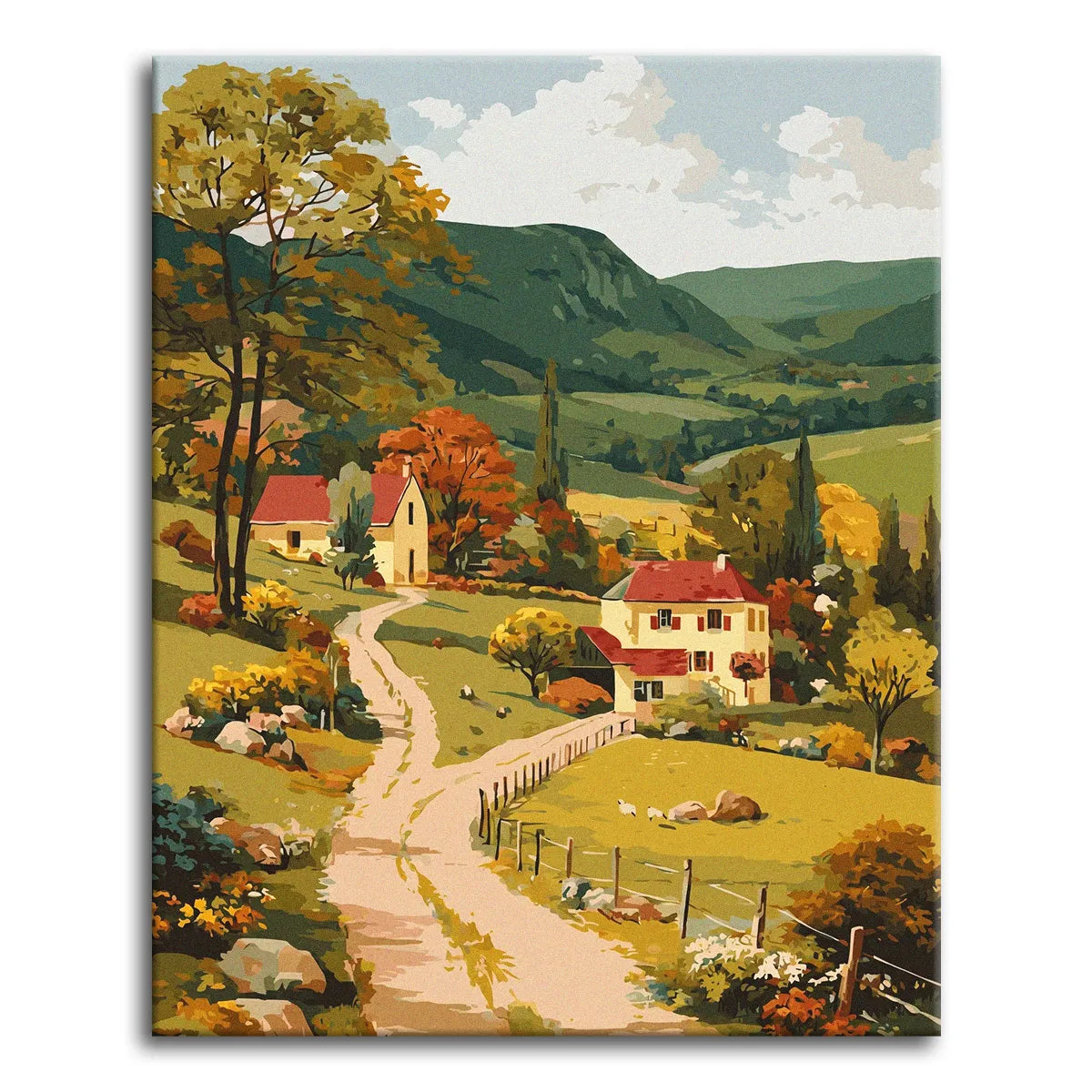 A warm vintage paint by numbers landscape of a winding country lane leading past red-roofed farmhouses into a green valley, with rolling hills, autumn-colored trees, tall cypresses, and a bright cloudy sky.