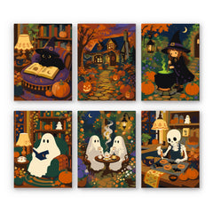 A black cat with a spellbook, reading ghosts, a young witch at her cauldron, and a baking skeleton fill six lamplit autumn scenes, in a cozy halloween paint by numbers mini set.
