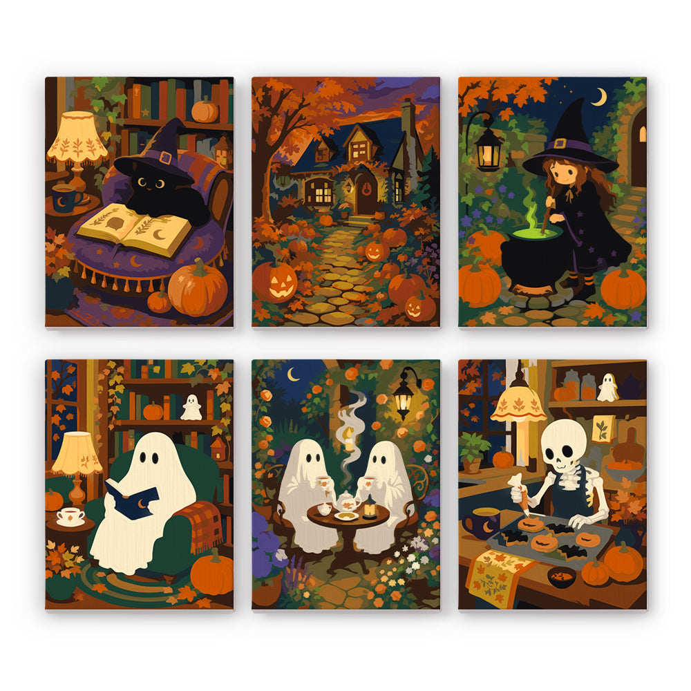 A black cat with a spellbook, reading ghosts, a young witch at her cauldron, and a baking skeleton fill six lamplit autumn scenes, in a cozy halloween paint by numbers mini set.