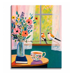 Two birds sit on a branch outside a lace-curtained window above a table with wildflowers and a flowered teacup, in a paint by numbers design.