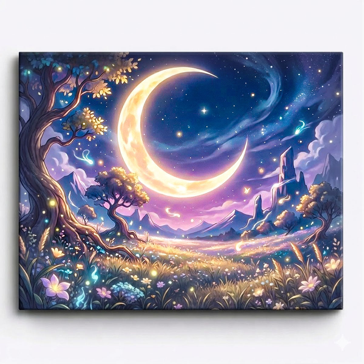 anime style glowing crescent moon above magical meadow with sparkling lights dreamy night fantasy landscape paint by numbers design