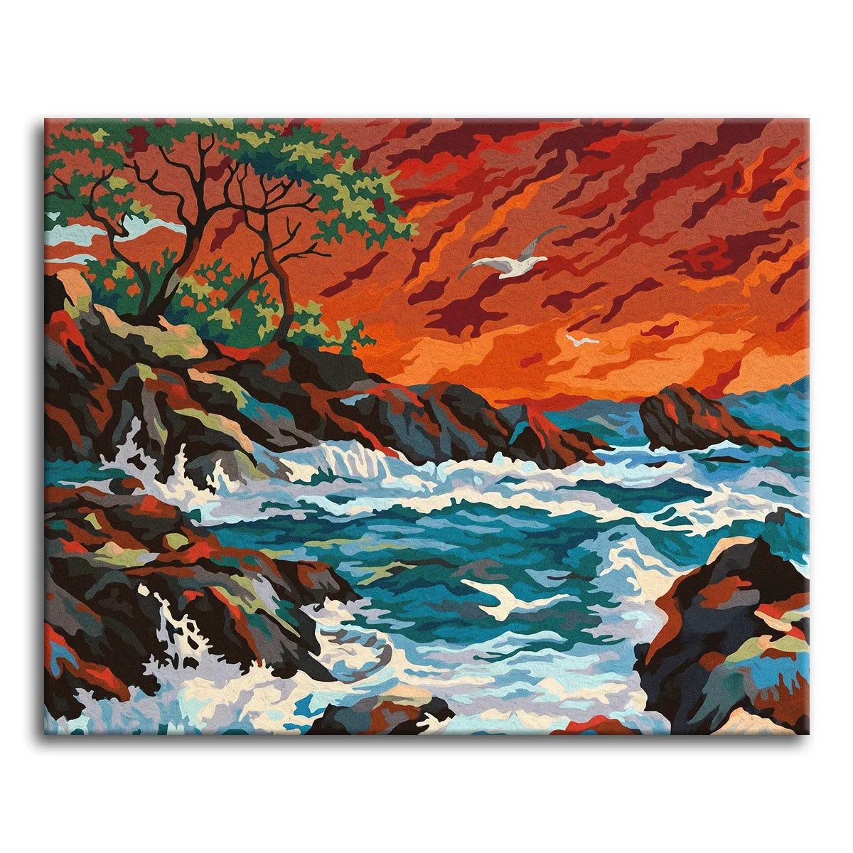 A paint by numbers rocky coastline at sunset with a crimson sky, blue crashing waves, dark cliffs, a bent tree, and gulls.