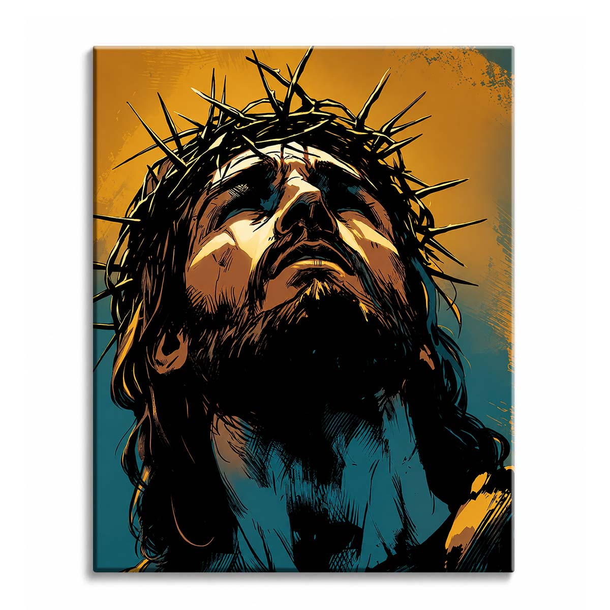 Jesus wearing a crown of thorns, head raised against a gold sky, drawn in bold ink lines, shown as a paint by numbers canvas.