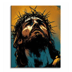 Jesus wearing a crown of thorns, head raised against a gold sky, drawn in bold ink lines, shown as a paint by numbers canvas.