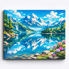 anime style alpine mountain lake with snow peaks forest reflections and colorful flowers along shoreline fantasy landscape paint by numbers design
