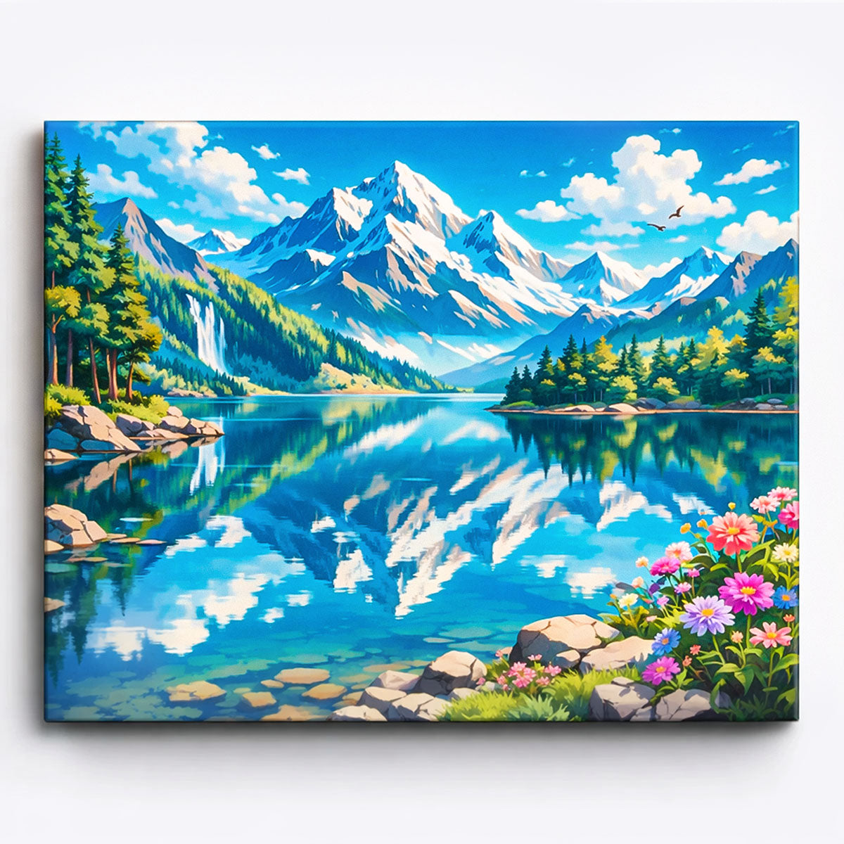 anime style alpine mountain lake with snow peaks forest reflections and colorful flowers along shoreline fantasy landscape paint by numbers design
