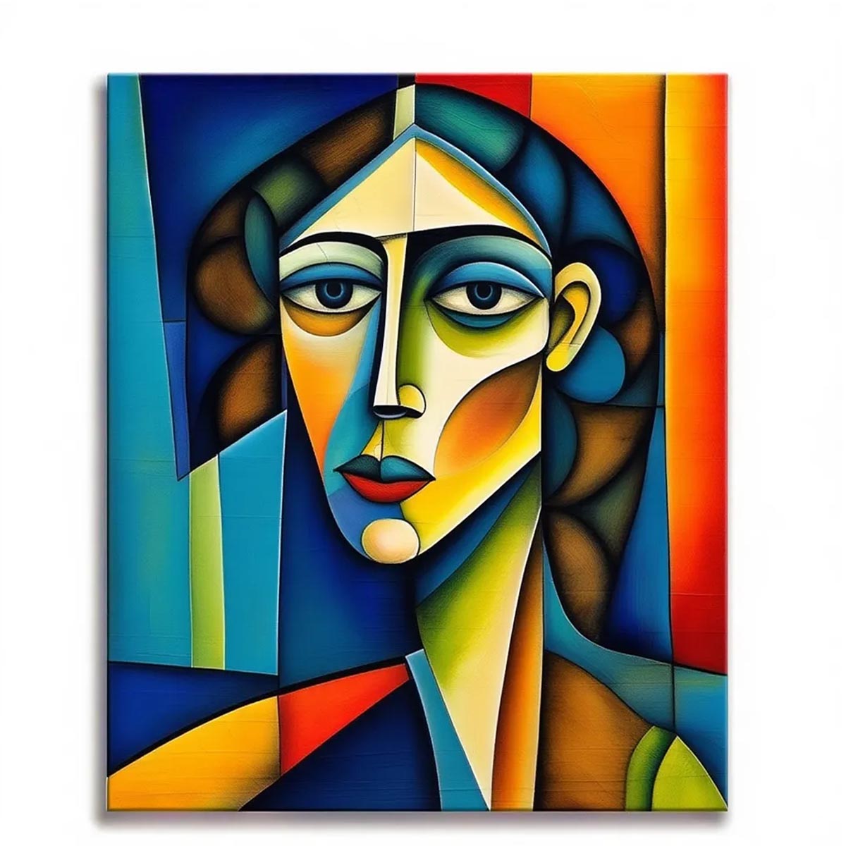 Abstract cubist woman portrait with elongated features in warm earth tones blue and orange paint by numbers design.