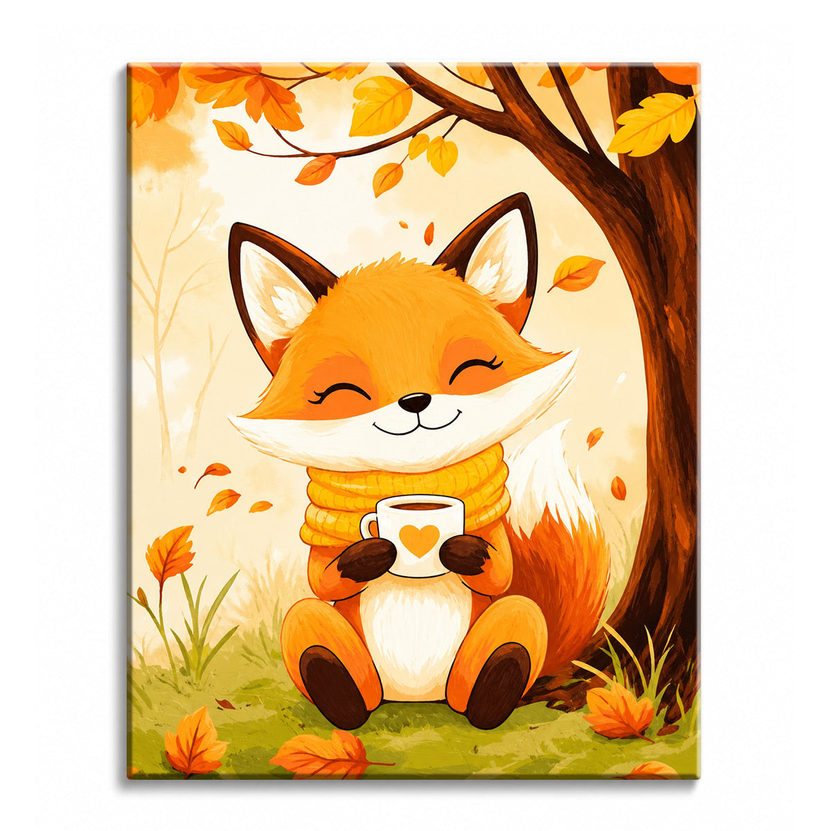 A cartoon fox in a yellow knitted scarf holding a mug under an autumn tree, shown as a paint by numbers canvas.