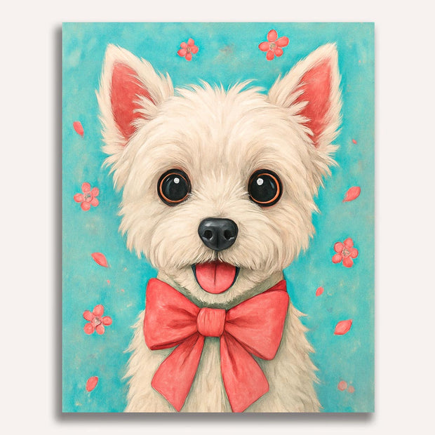 Cute White Dog with Red Bow Paint by Numbers Kit