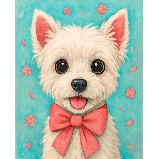 Cute White Dog with Red Bow Paint by Numbers Kit