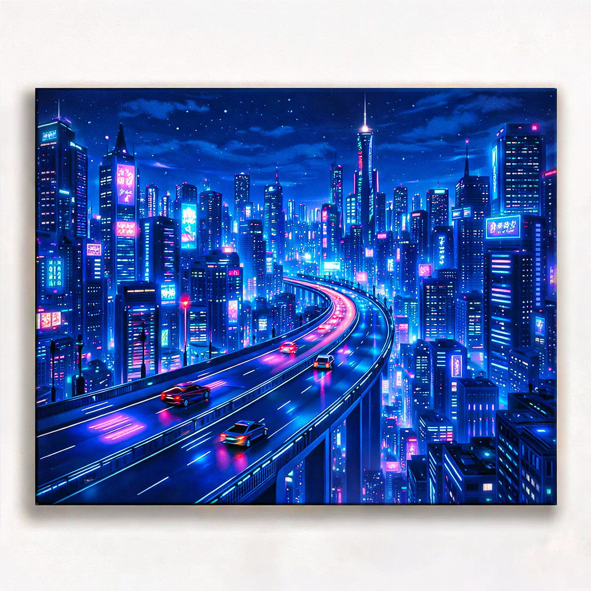 anime cyberpunk megacity skyline with elevated neon highway glowing skyscrapers at night futuristic paint by numbers design
