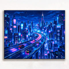 anime cyberpunk megacity skyline with elevated neon highway glowing skyscrapers at night futuristic paint by numbers design