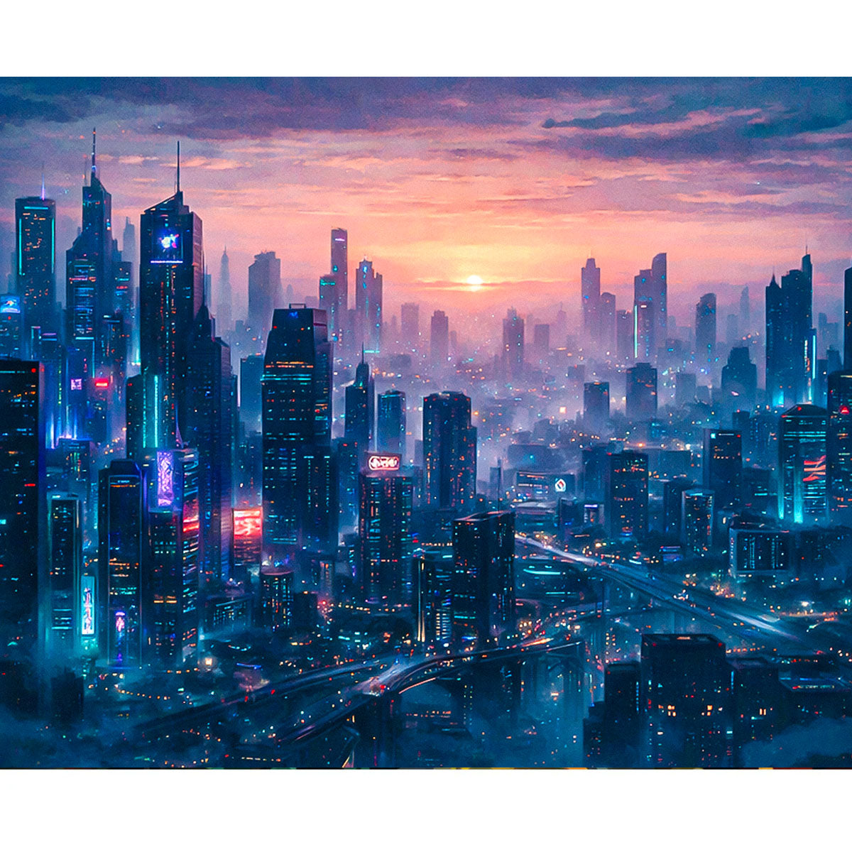 Neon Skyline Dawn Cyberpunk Paint by Numbers Kit-zoom-2