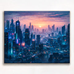 anime cyberpunk futuristic city skyline at sunrise with neon lights mist and elevated highways paint by numbers design