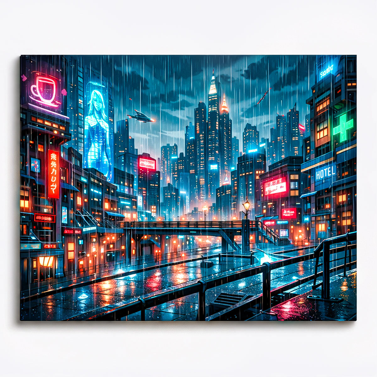 anime cyberpunk rainy futuristic city with neon skyline holographic billboard and glowing bridges paint by numbers design