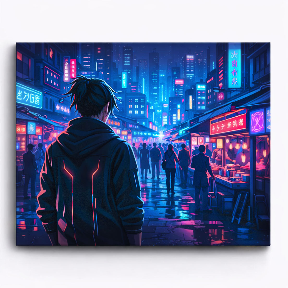 anime cyberpunk neon night market street with lone figure walking through glowing city lights futuristic paint by numbers design