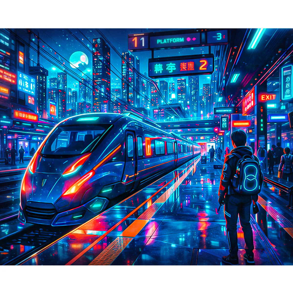 Neon Metro Platform Cyberpunk Paint by Numbers Kit-2