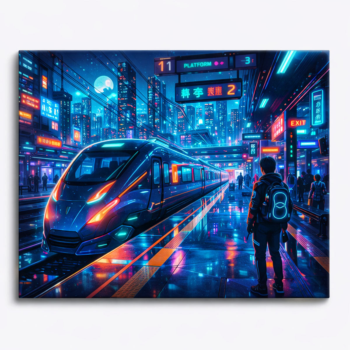 anime cyberpunk metro platform with futuristic train neon city lights and reflections night paint by numbers design