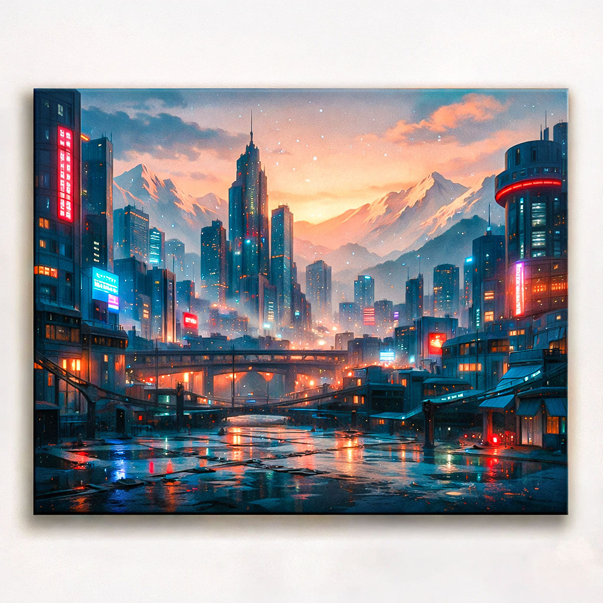 anime cyberpunk futuristic city skyline with glowing sunset reflections and snow mountains in background paint by numbers design