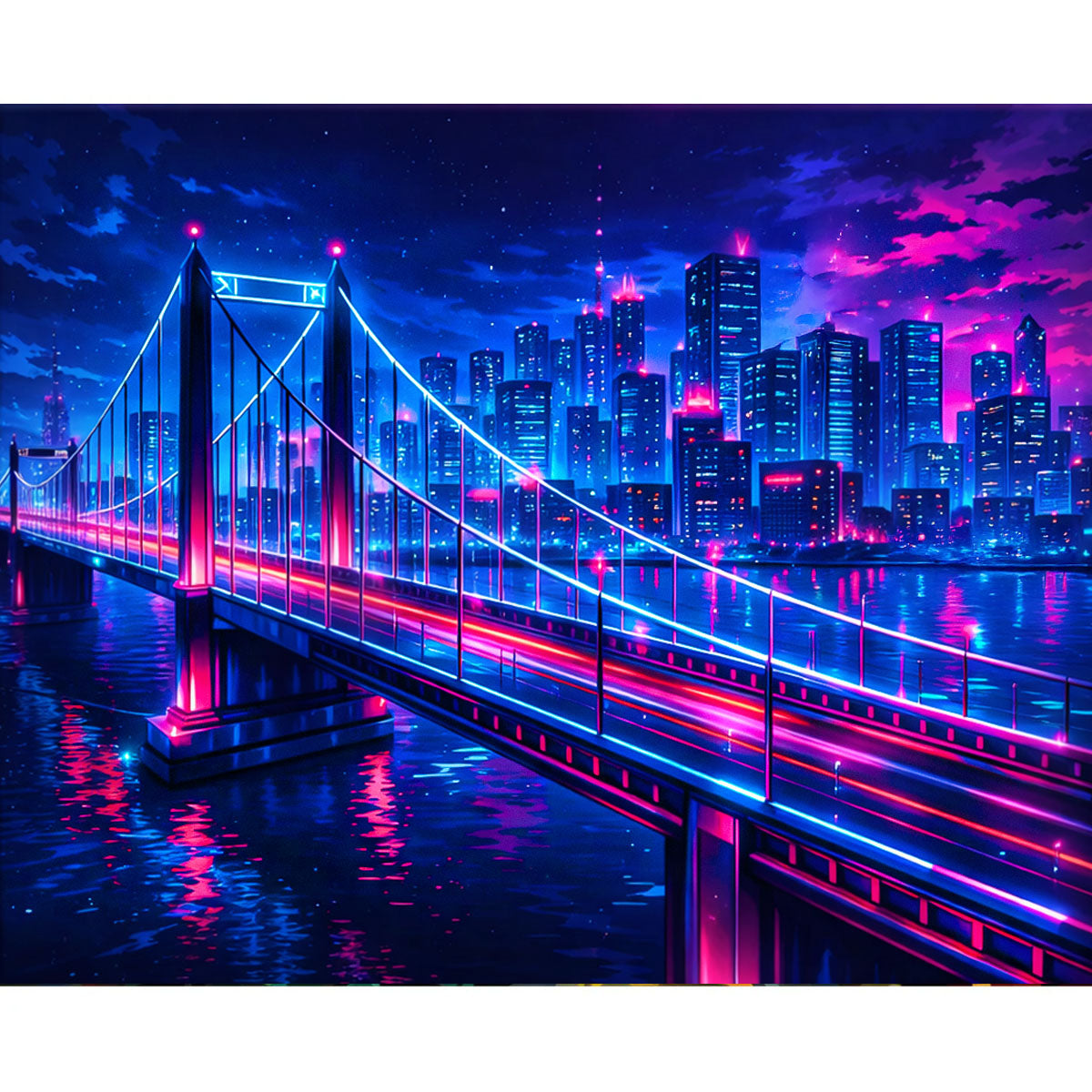 Neon River Bridge Skyline Cyberpunk Paint by Numbers Kit