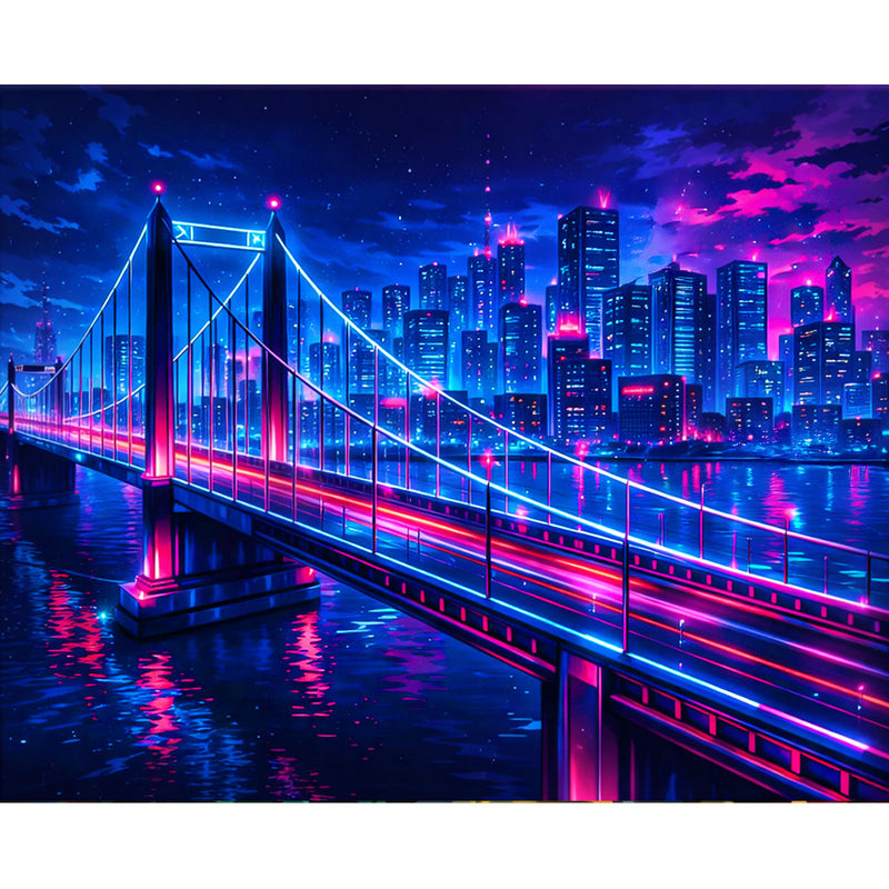 Neon River Bridge Skyline Cyberpunk Paint by Numbers Kit-zoom-