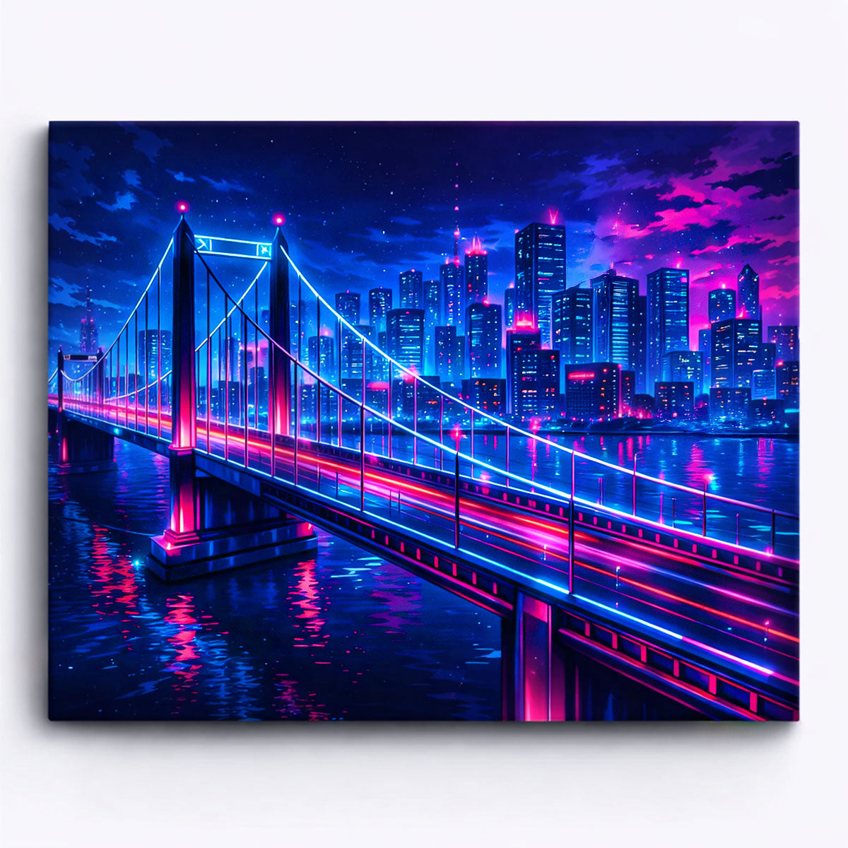 anime cyberpunk neon suspension bridge over river with futuristic skyline reflections at night paint by numbers design