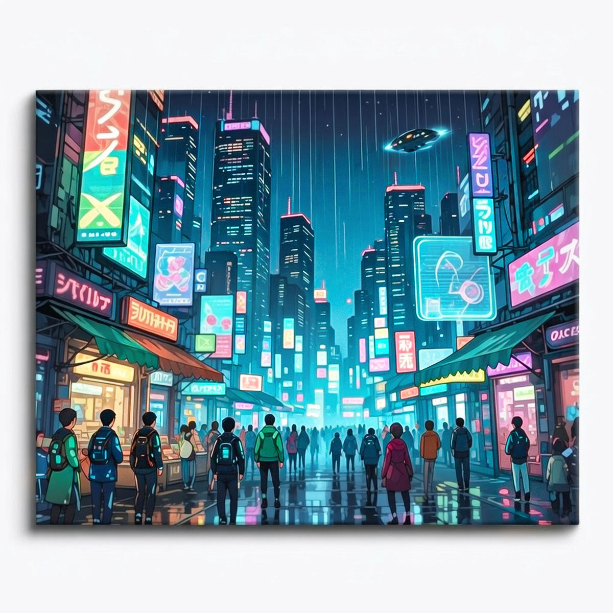 anime cyberpunk neon city street with crowds glowing signs futuristic skyline and night reflections paint by numbers design