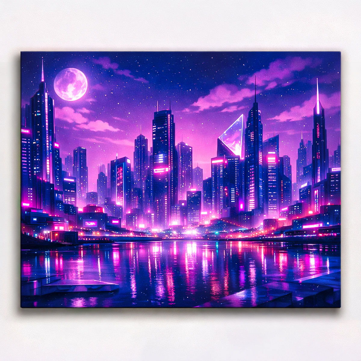 anime cyberpunk neon waterfront skyline at night with glowing moon and colorful reflections futuristic paint by numbers design