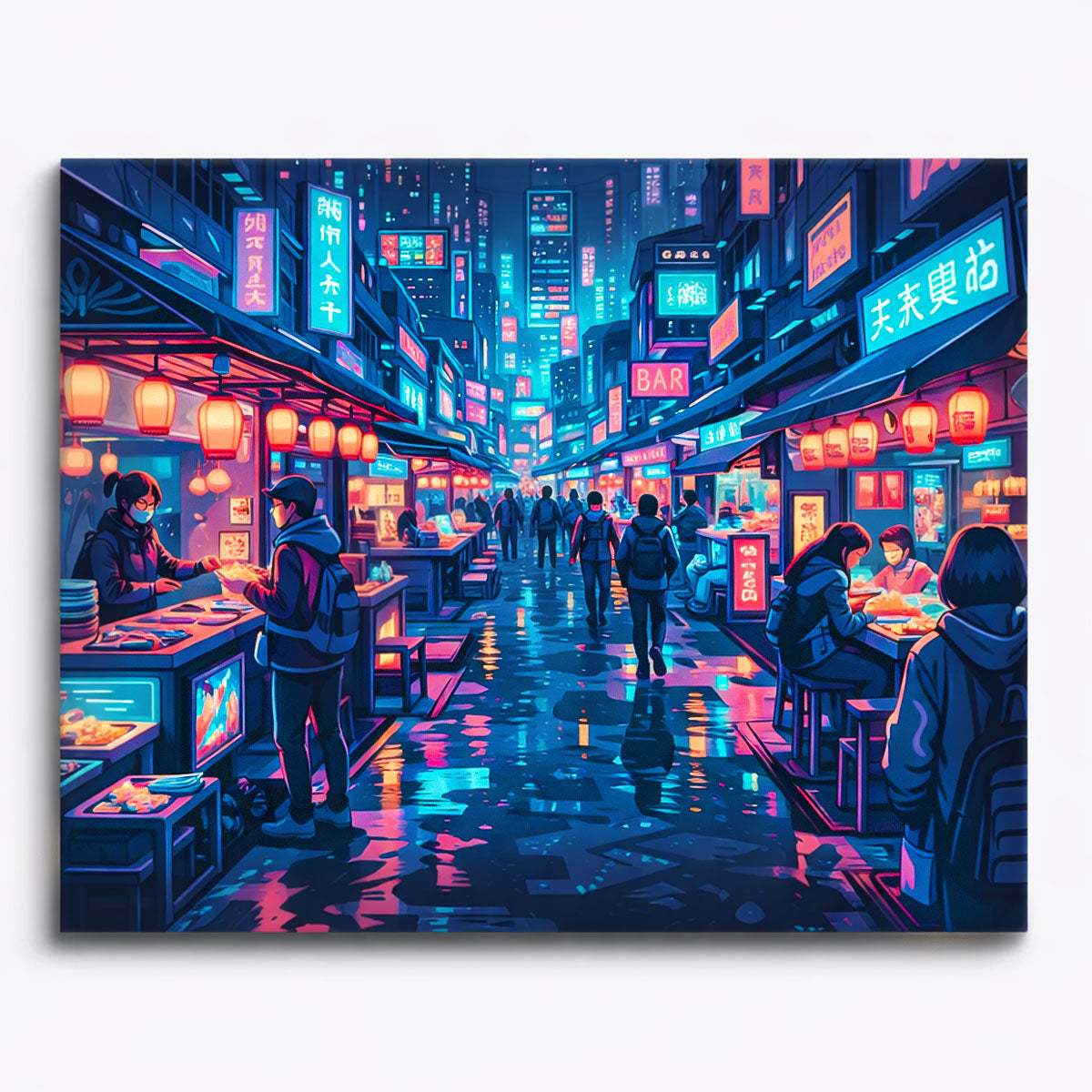 anime cyberpunk neon night food street with lantern lights busy market stalls and glowing reflections paint by numbers design