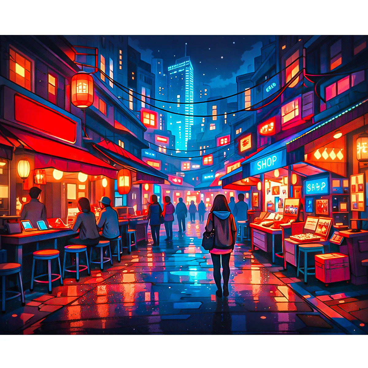 Neon Market Alley Cyberpunk Paint by Numbers Kit-2