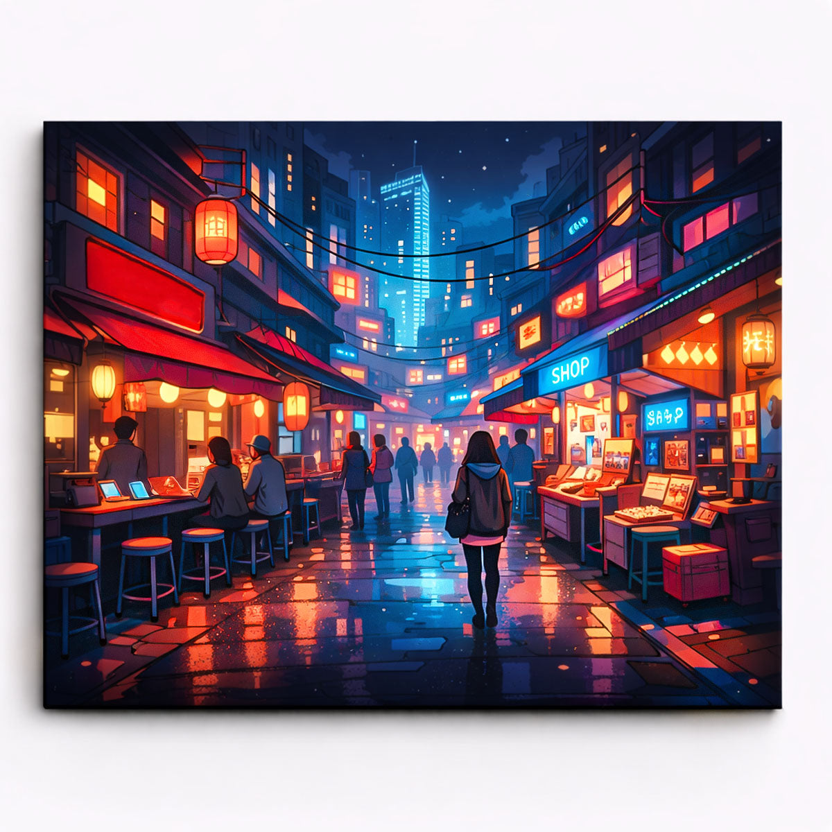 anime cyberpunk neon night market alley with glowing signs lantern lights and wet street reflections paint by numbers design