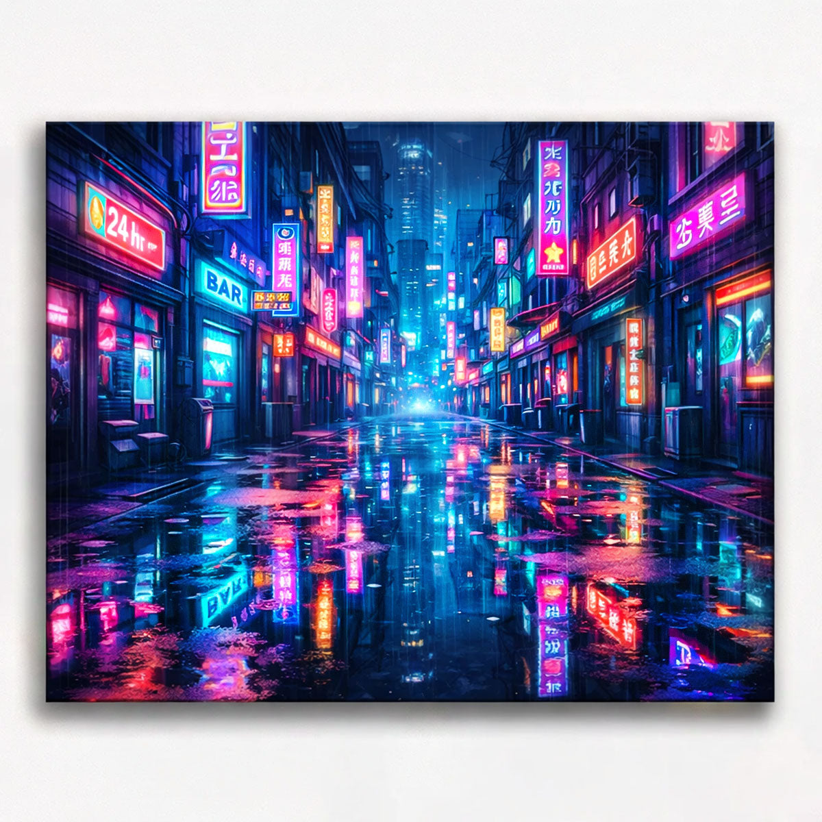 anime cyberpunk neon alley street with glowing reflections on wet pavement futuristic night city paint by numbers design