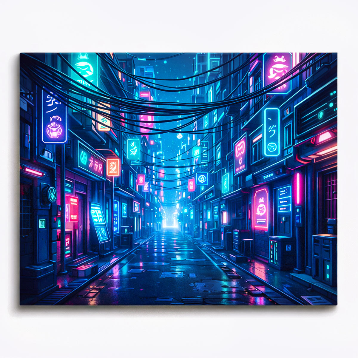 anime cyberpunk neon alley with glowing digital signs cables overhead and futuristic night street paint by numbers design