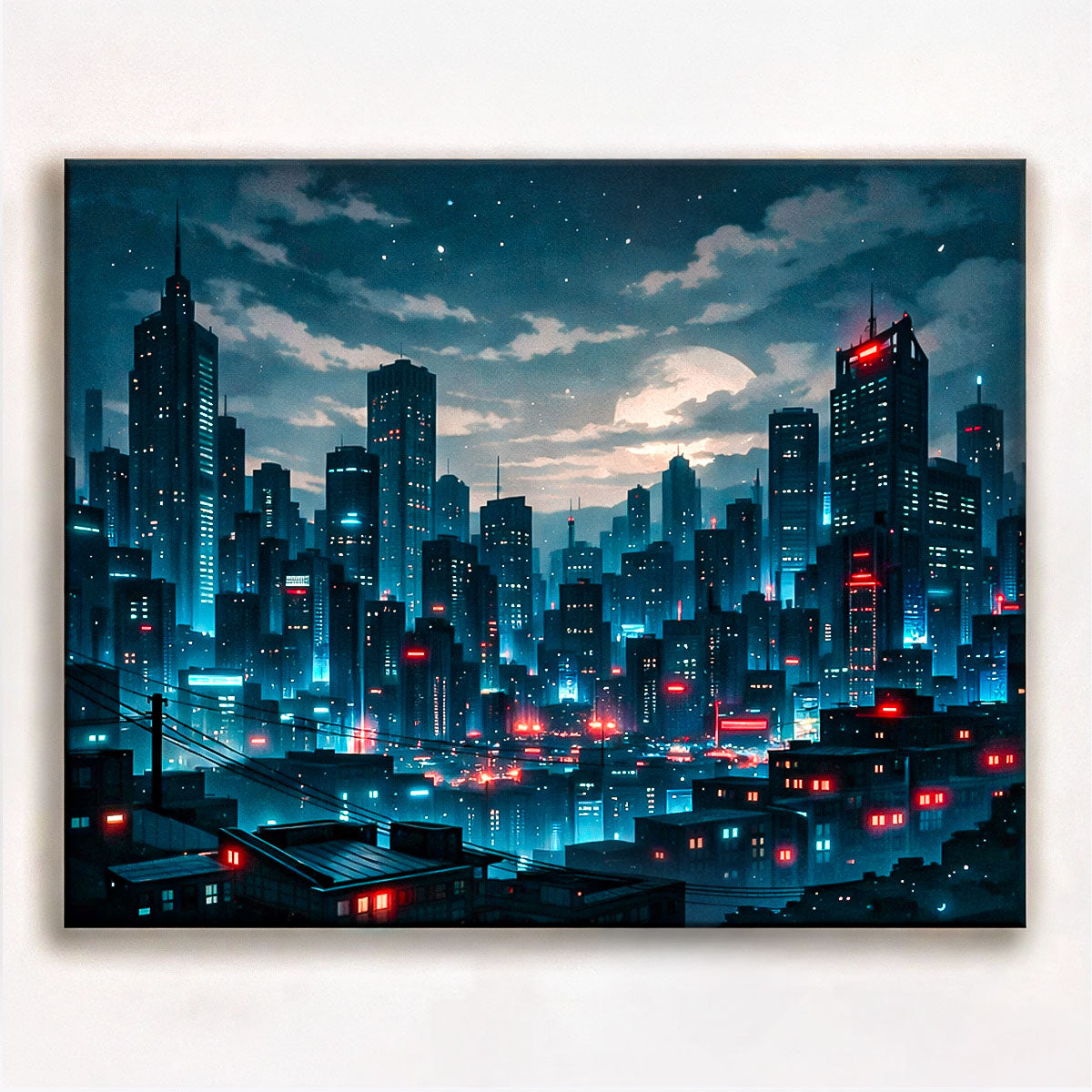anime cyberpunk futuristic night skyline under moonlight with glowing windows and layered city horizon paint by numbers design