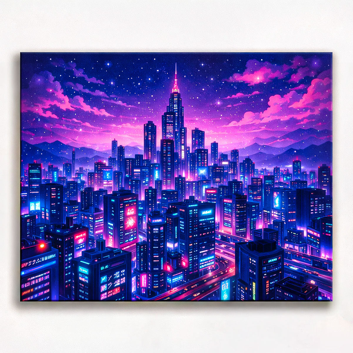 anime cyberpunk neon megacity skyline under starry night sky with glowing skyscrapers and elevated highways paint by numbers design